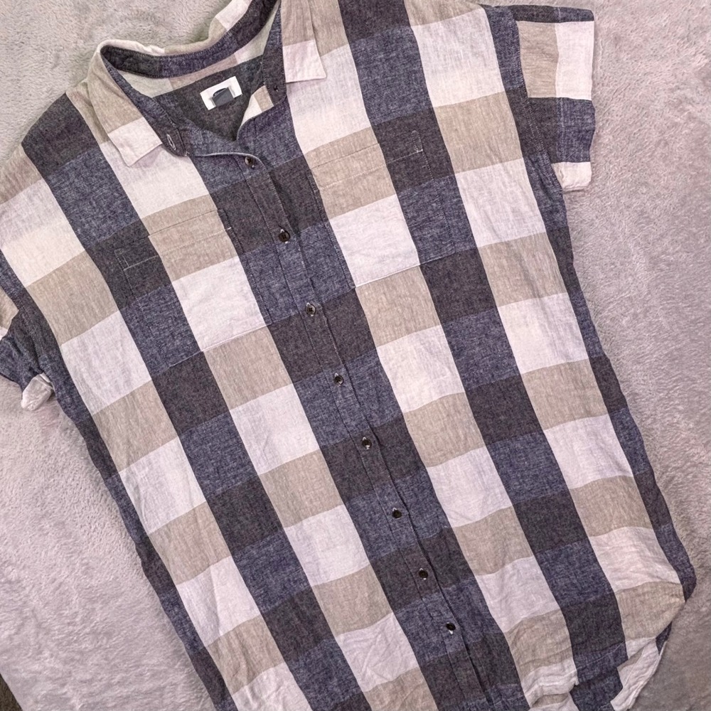 Old Navy Women Shirt XL Grey Plaid Linen Blend Short Sleeve Button Down Tunic